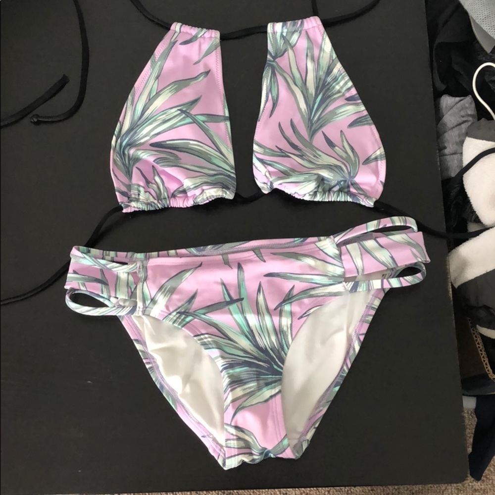 VS purple palm high neck halter suit